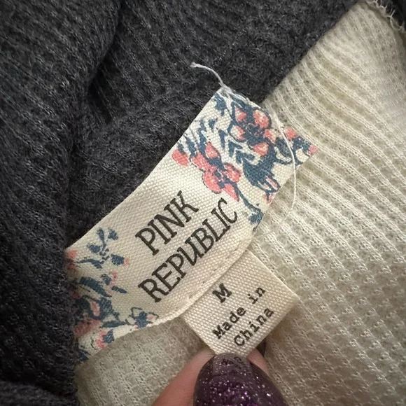 NWT Pink Republic Hooded Shirt Gray/Ivory Long Sleeve Women's Tee Waffle Knit - Picture 4 of 6